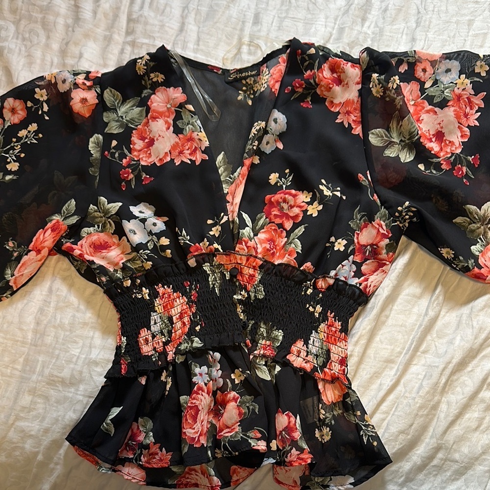 Floral Black and Pink Women's Top in size medium.